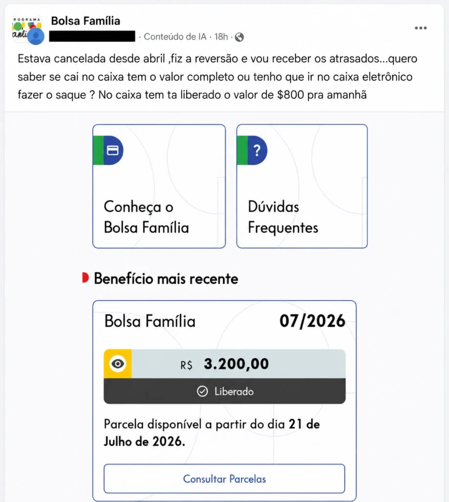 Captura de tela de uma publicação em rede social mostrando uma beneficiária do Bolsa Família que teve o benefício reativado e pergunta como será feito o pagamento das parcelas atrasadas.