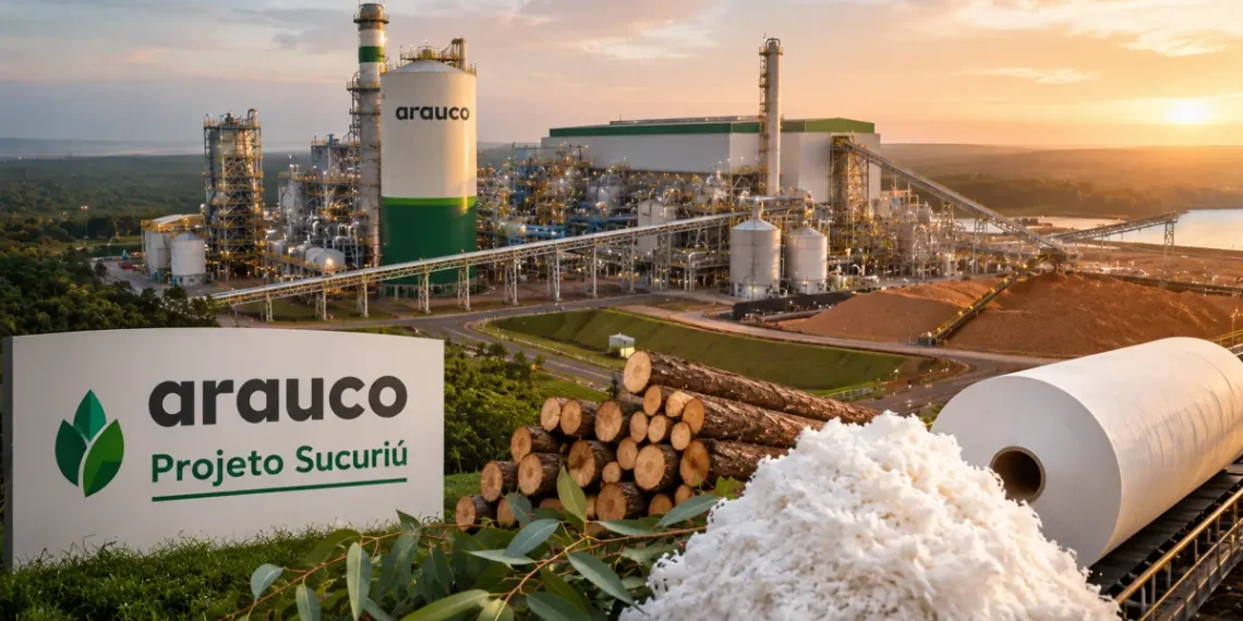 Complexo industrial do Projeto Sucuriú da Arauco em Mato Grosso do Sul com fábrica de celulose, toras de eucalipto e produção florestal.
