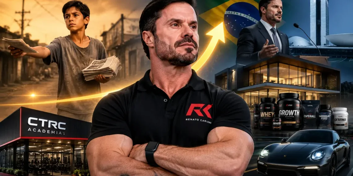 Renato Cariani mostrando sua trajetória do início humilde como panfleteiro até se tornar empresário e influenciador fitness, com destaque para seus negócios e planos para a política.