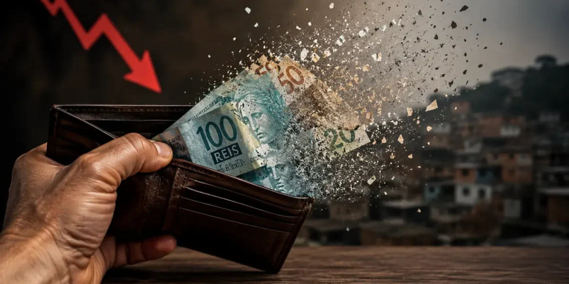 Carteira com notas de reais se desfazendo simboliza a perda do poder de compra e a queda da renda dos brasileiros em meio à crise financeira.