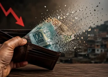 Carteira com notas de reais se desfazendo simboliza a perda do poder de compra e a queda da renda dos brasileiros em meio à crise financeira.