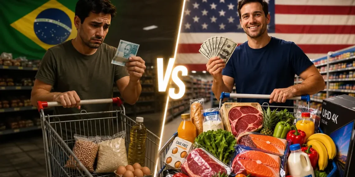 Comparação entre o poder de compra do salário mínimo no Brasil e nos Estados Unidos, mostrando um carrinho de supermercado com poucos produtos de um lado e outro cheio de alimentos e eletrônicos.
