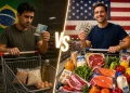Comparação entre o poder de compra do salário mínimo no Brasil e nos Estados Unidos, mostrando um carrinho de supermercado com poucos produtos de um lado e outro cheio de alimentos e eletrônicos.