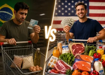 Comparação entre o poder de compra do salário mínimo no Brasil e nos Estados Unidos, mostrando um carrinho de supermercado com poucos produtos de um lado e outro cheio de alimentos e eletrônicos.