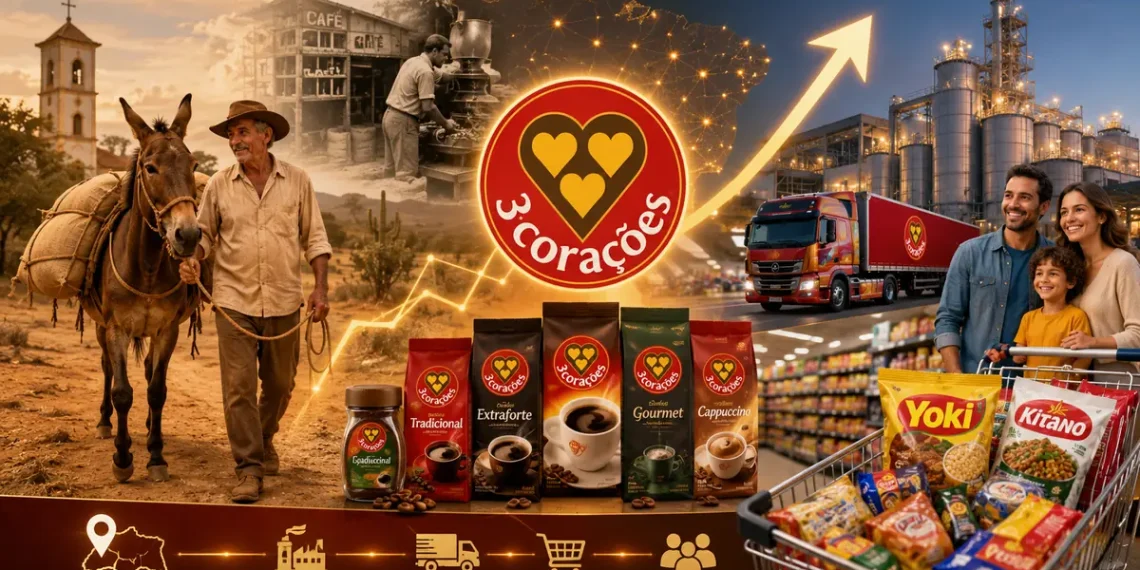 Imagem ilustrativa da trajetória da Três Corações, mostrando sua origem no sertão do Rio Grande do Norte e a expansão para um dos maiores grupos de alimentos do Brasil após a aquisição das marcas Yoki e Kitano.
