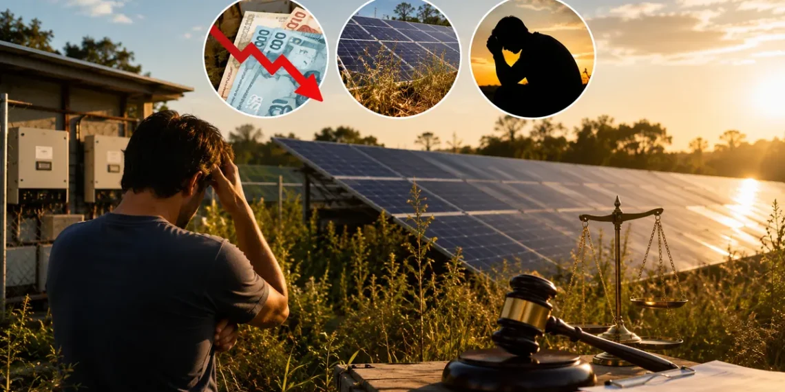 Investidor observa microusina de energia solar cercada por mato alto, representando prejuízo financeiro e disputa judicial após investimento em geração de energia.