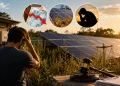 Investidor observa microusina de energia solar cercada por mato alto, representando prejuízo financeiro e disputa judicial após investimento em geração de energia.