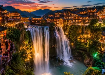 Parece cenário criado por inteligência artificial, mas existe de verdade: Furong, cidade chinesa de 2 mil anos construída ao redor de uma cachoeira, recebeu 6,5 milhões de visitantes em 2025